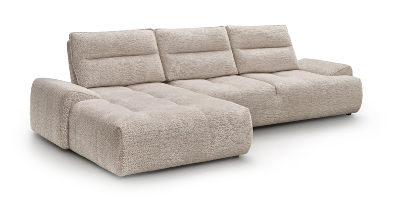 Divano con schienali basculanti e chaise longue, in microfibra antimacchia.