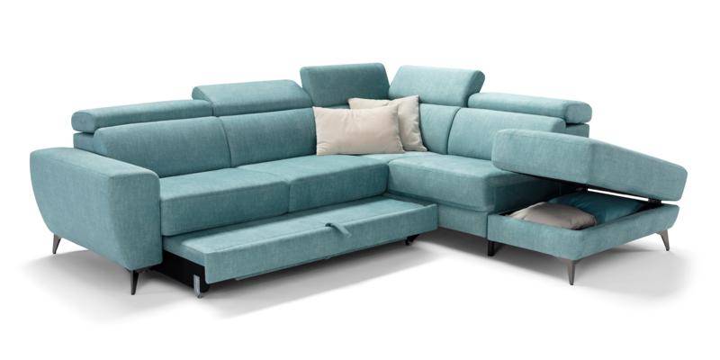 Angolare con carrello estraibile e penisola pouf contenitore, in tessuto antimacchia. Angolare con carrello estraibile e penisola pouf contenitore, in tessuto antimacchia.