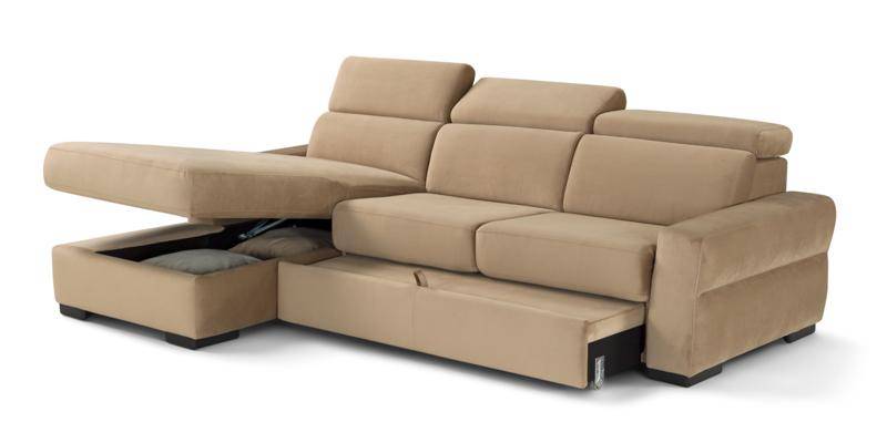 Divano con carrello estraibile e chaise longue contenitore, in tessuto antimacchia. Divano con carrello estraibile e chaise longue contenitore, in tessuto antimacchia.