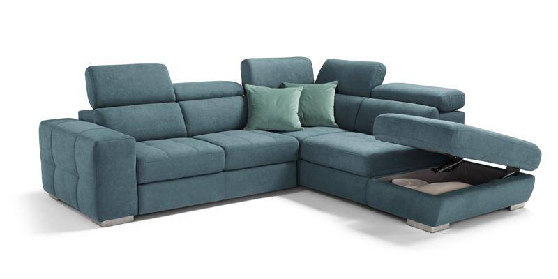 Angolare 3 posti con carrello (delfino) e penisola pouf con contenitore, in microfibra antimacchia.