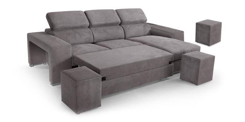 Angolare con maxiseduta “delfino”, braccioli con 2 pouf cad. e chaise longue contenitore, in microfibra antimacchia.