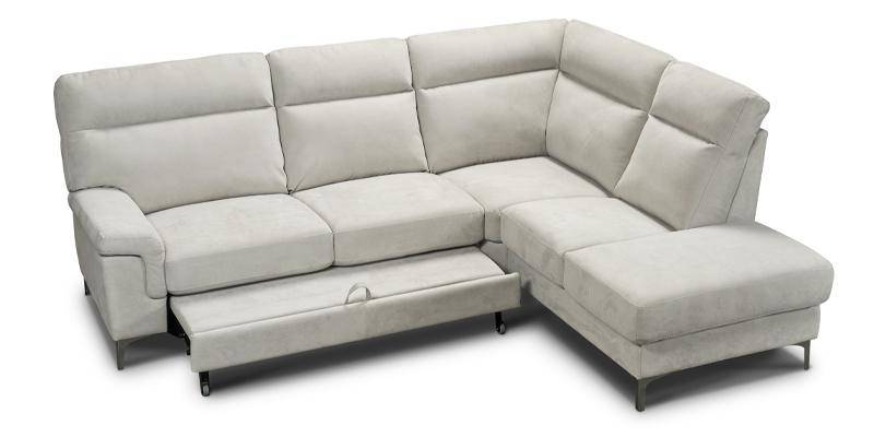 Divano con terminale 2 posti con carrello estraibile e penisola pouf con contenitore, in tessuto antimacchia.