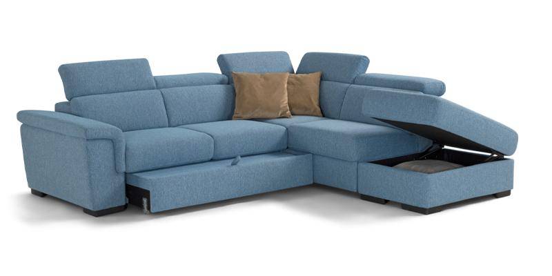 Angolare 3 posti con carrello estraibile e penisola pouf con contenitore, in tessuto Penelope.