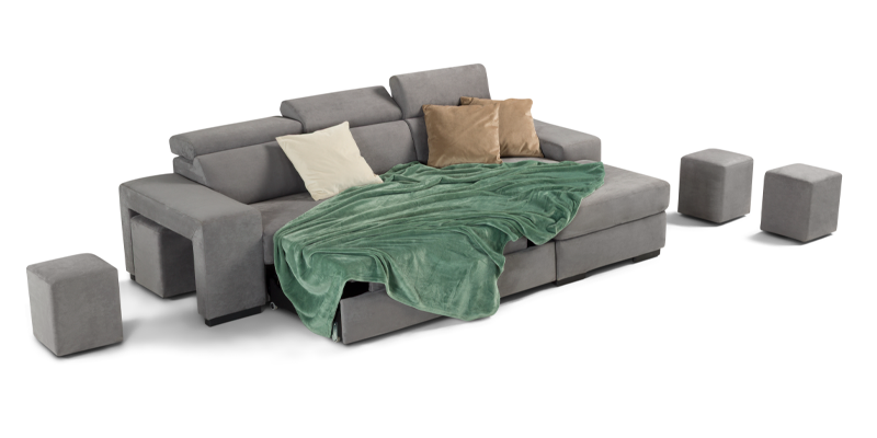 Divano con carrello estraibile e chaise longue, braccioli con 2+2 pouf, in tessuto Penelope.