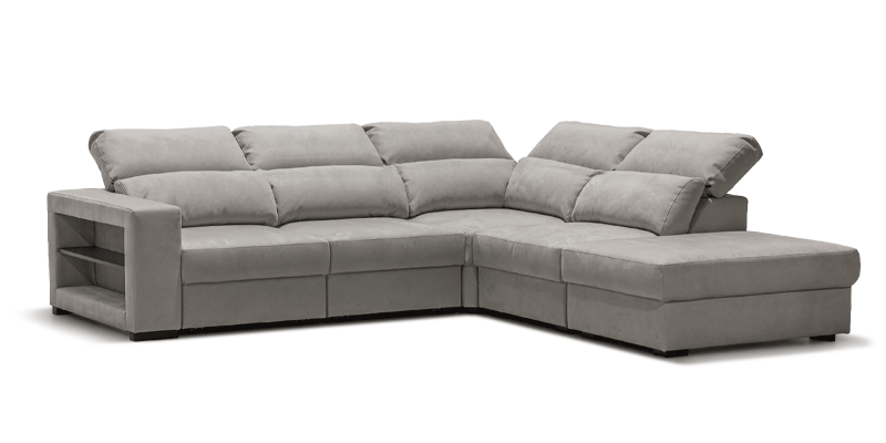 Angolare con 3 slitte manuali e pouf terminale contenitore, in tessuto antimacchia.