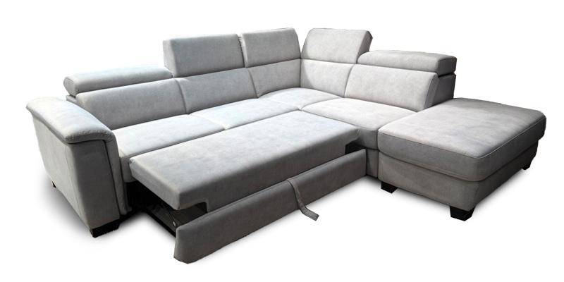 Angolare con maxiseduta “delfino” e penisola pouf contenitore, in microfibra antimacchia.