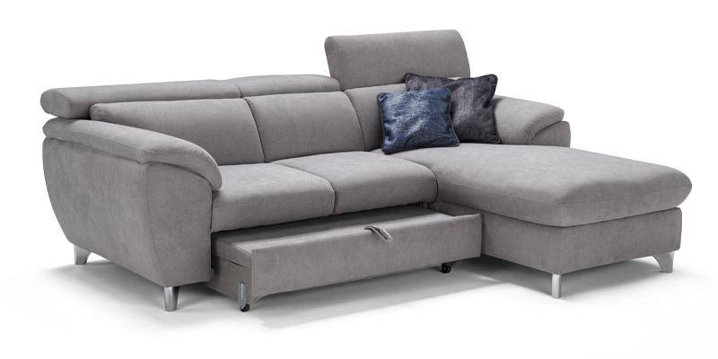 Angolare 3 posti con carrello (delfino) e chaise longue con contenitore, in microfibra antimacchia.