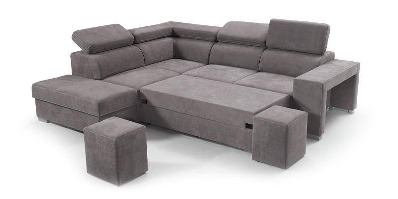 Angolare con maxiseduta “delfino”, bracciolo con 2 pouf e penisola pouf contenitore, in microfibra antimacchia.