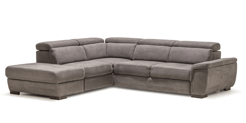 Angolare 3 posti con carrello estraibile e penisola pouf con contenitore, in tessuto antimacchia.