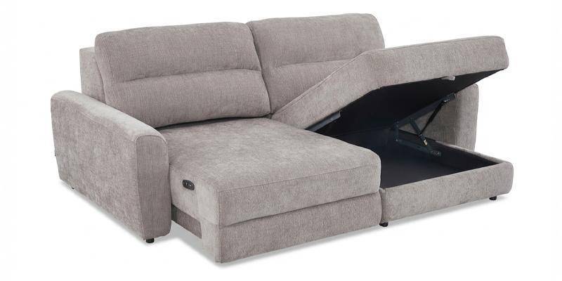 Divano 3 posti con una seduta a slitta elettrica e chaise longue contenitore, in tessuto antimacchia.