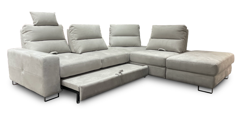 Comp. terminale intermedio con meccanismo pouf scorrevole per allungare la seduta, angolo pouf con schienale, poltrona terminale media con contenitore e poggiatesta, in tessuto antimacchia.