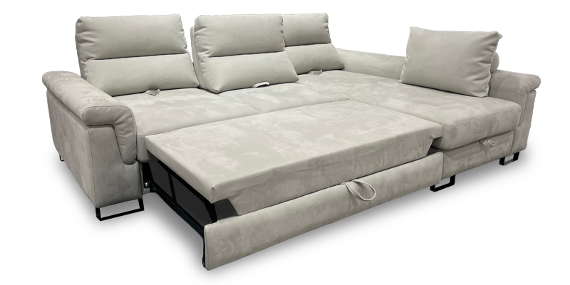 Angolare con terminale intermedio con delfino (carrello) e penisola media con contenitore, in tessuto antimacchia.