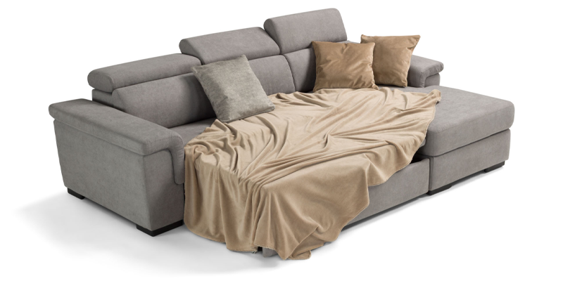 Divano con carrello estraibile e chaise longue contenitore, in tessuto Penelope.