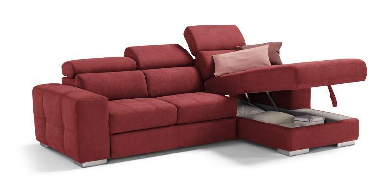 Angolare 3 posti con carrello (delfino) e chaise longue con contenitore, in microfibra antimacchia.