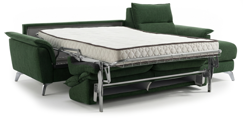 Divano 3 posti con letto e chaise longue reversibile (materasso con aloe 140x190x16 cm), in tessuto antimacchia.