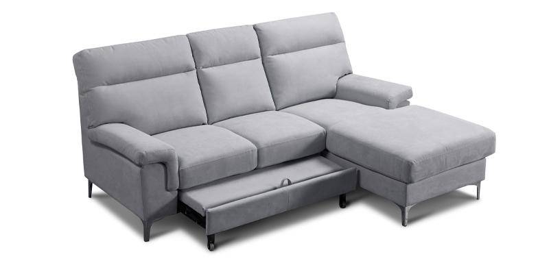 Divano con terminale 2 posti con carrello estraibile e chaise longue con contenitore, in tessuto antimacchia.