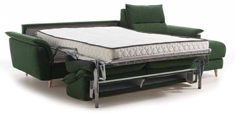 Divano 3 posti con letto e chaise longue reversibile (materasso con aloe 140x190x16 cm), in tessuto antimacchia.