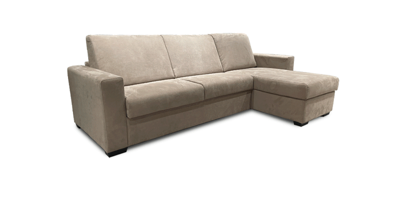 Divano 3 posti con letto (materasso con aloe 140x190x16 cm) con penisola media contenitore, in tessuto antimacchia.