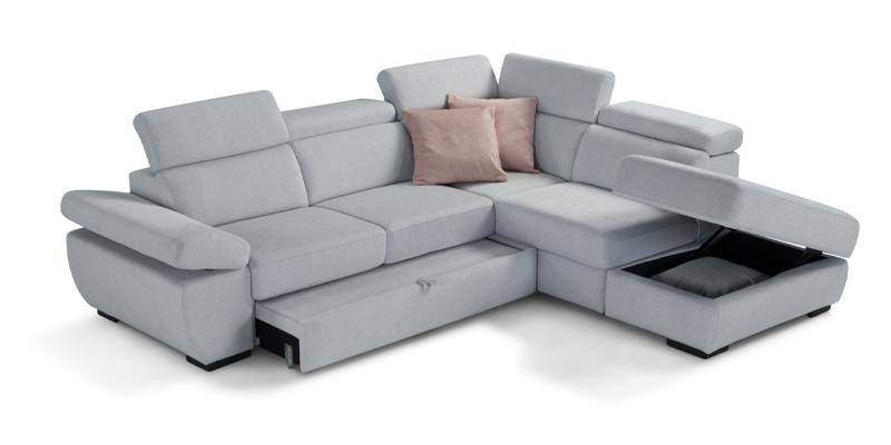 Angolare con carrello estraibile e penisola pouf, braccioli regolabili, in tessuto Penelope.