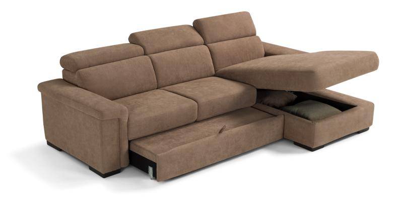 Divano con carrello estraibile e chaise longue contenitore, in tessuto antimacchia. Divano con carrello estraibile e chaise longue contenitore, in tessuto antimacchia.