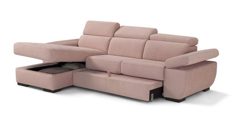 Divano con carrello estraibile e chaise longue, braccioli regolabili, in tessuto Penelope.
