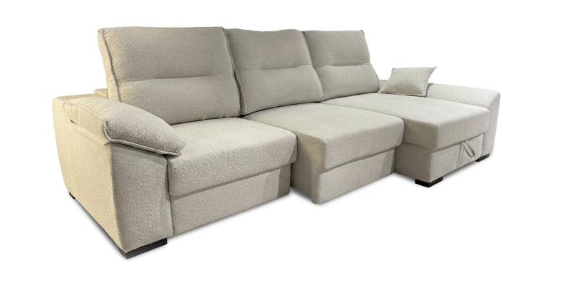 Composizione con terminale 2 sedute scorrevoli manuali, chaise longue contenitore e bracciolo contenitore, in tessuto antimacchia.