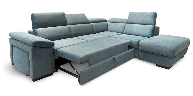 Angolare con maxiseduta “delfino”, bracciolo con pouf estraibile e penisola pouf contenitore, in microfibra antimacchia.