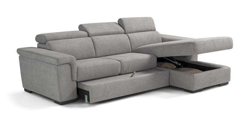Divano con carrello estraibile e chaise longue contenitore, in tessuto antimacchia. Divano con carrello estraibile e chaise longue contenitore, in tessuto antimacchia.