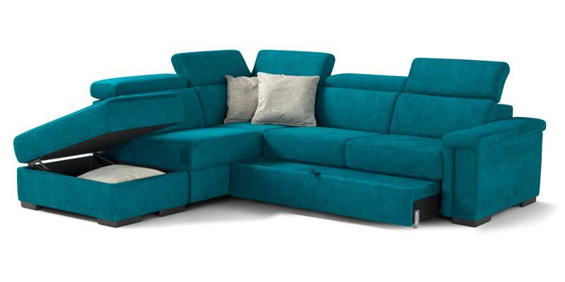 Angolare con carrello estraibile e penisola pouf contenitore, in tessuto antimacchia. Angolare con carrello estraibile e penisola pouf contenitore, in tessuto antimacchia.