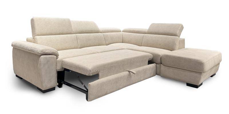 Angolare con maxiseduta “delfino” e penisola pouf contenitore, in microfibra antimacchia.