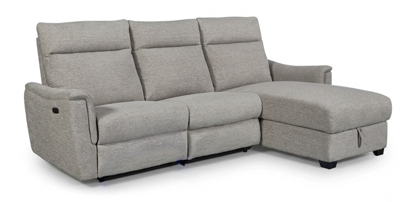 Divano angolare con seduta relax elettrica e strip LED, cassetto e chaise longue contenitore, in tessuto antimacchia.