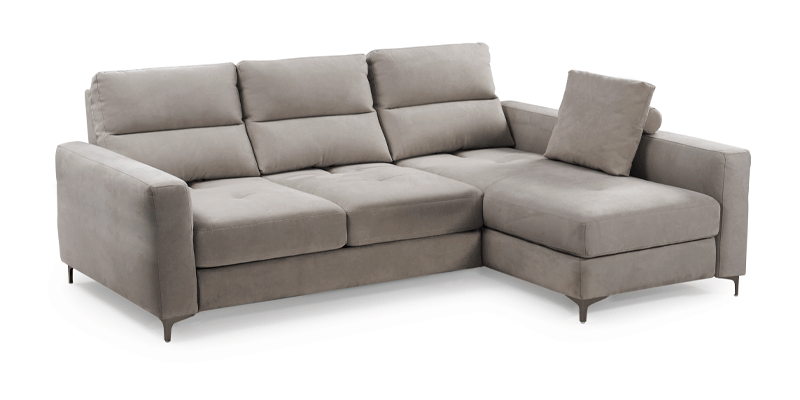 Angolare con terminale intermedio con meccanismo pouf scorrevole per allungare la seduta e penisola media con contenitore, in tessuto antimacchia.